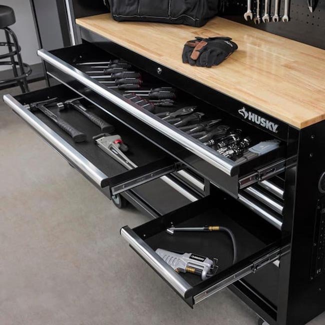 How to Organize Your Garage for Under 700 dollars Husky Standard Duty Mobile Workbench Cabinet