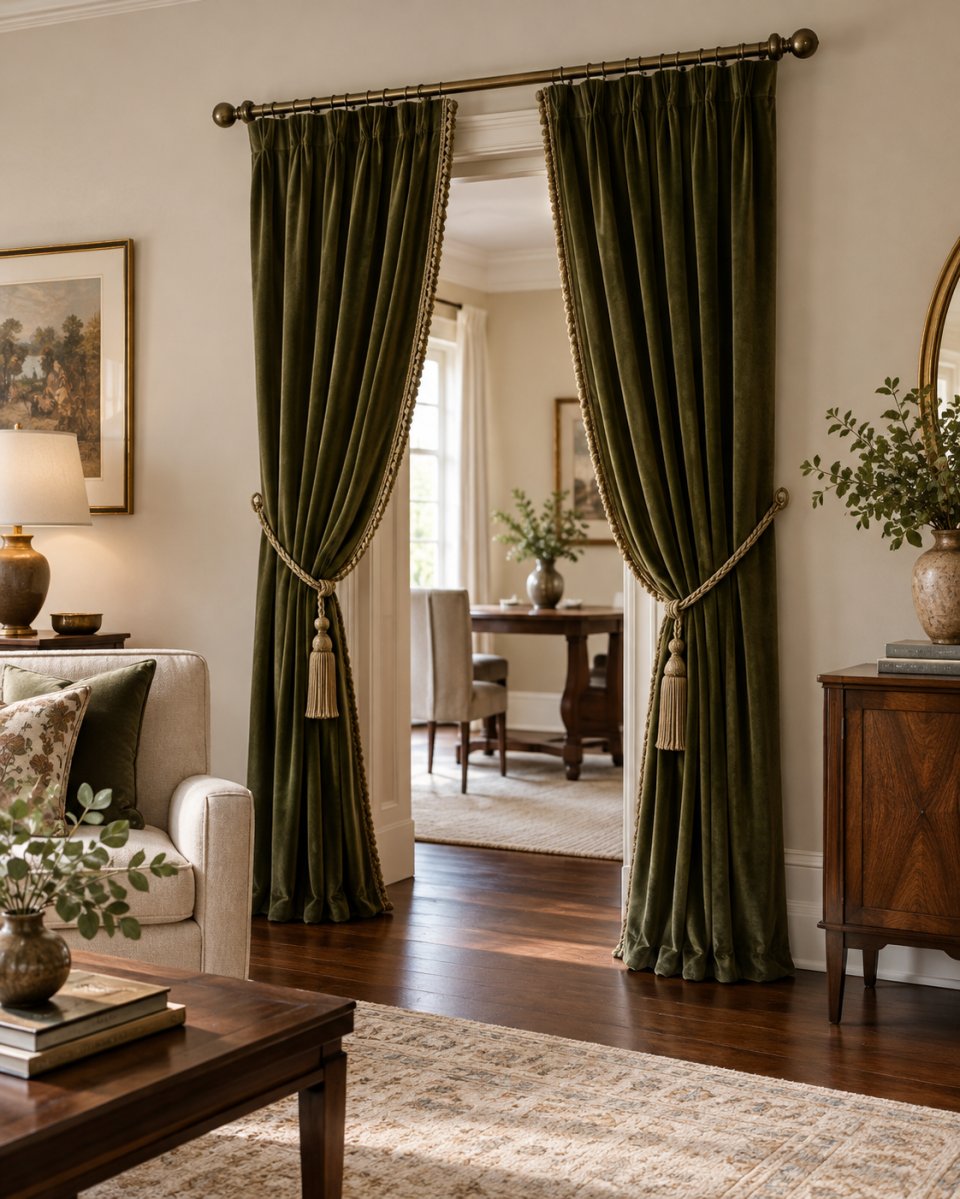 Dark green velvet portiere curtain tied back in a living room