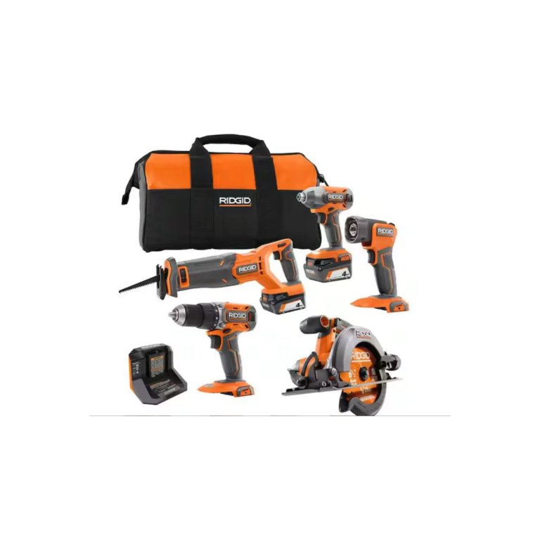 Ridgid 18V Cordless 5-Tool Combo Kit with (2) 4.0 Ah Batteries, Charger, Tool Bag, and Accessories