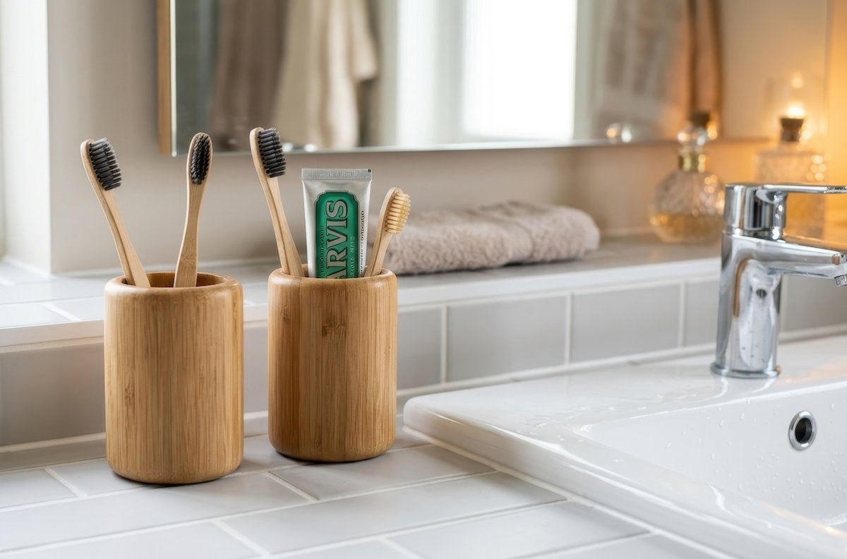 Two natural bamboo toothbrush holders neatly organize dental care essentials on a clean bathroom counter, showcasing sustainable home organization, perfect for promoting a tidy and eco-conscious lifestyle.
