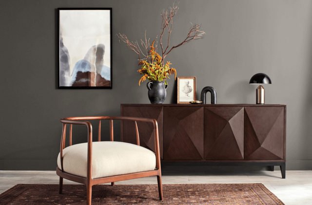 Seating area with wall painted SW 7048 Urbane Bronze by Sherwin-Williams