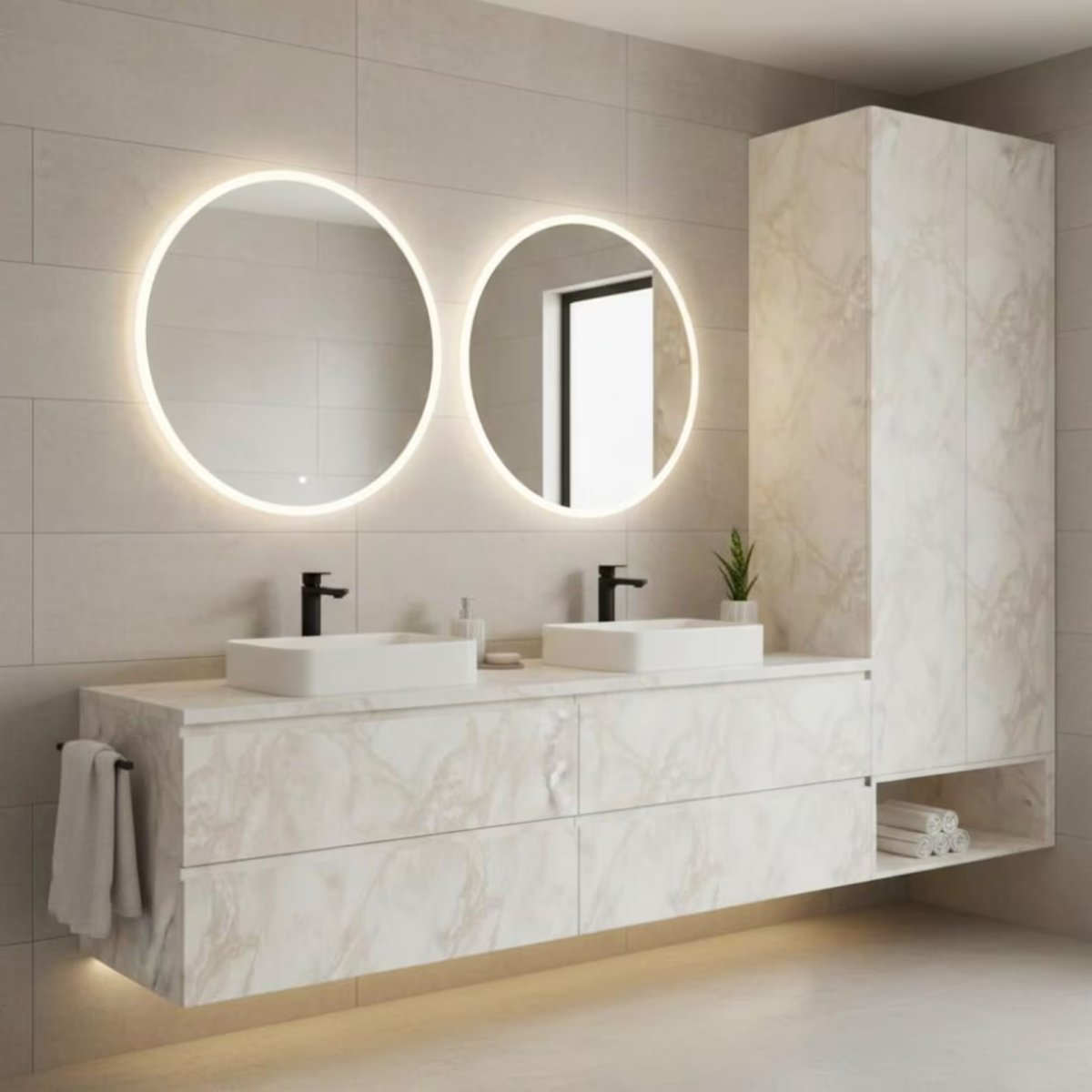L-shaped bathroom floating cabinets wrapped in marble film with two illuminated round mirrors above them.