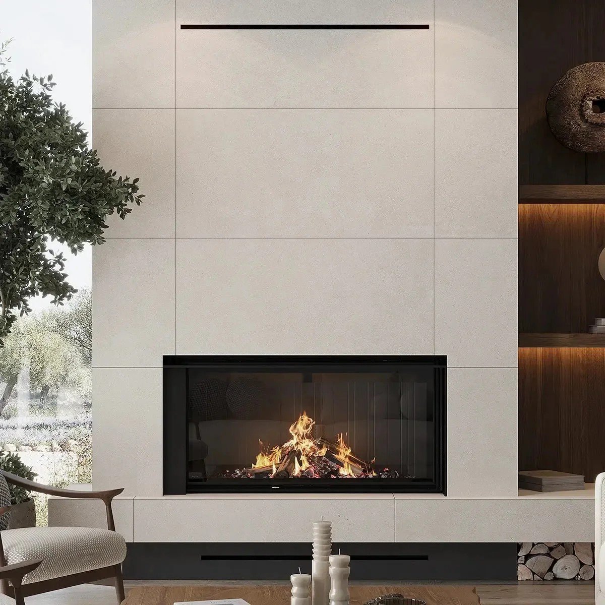 Large cream tile on a fireplace in a modern home.