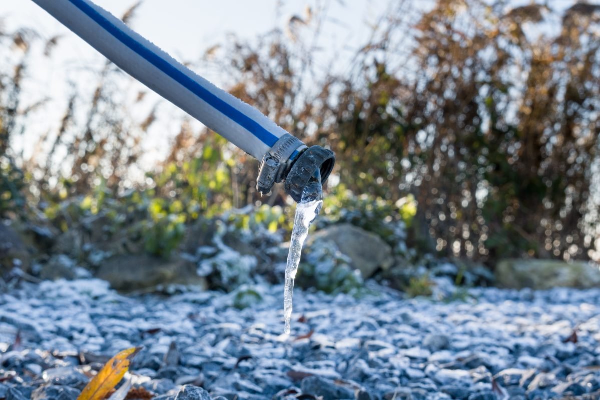 Frozen water hangs from a blue and white garden hose