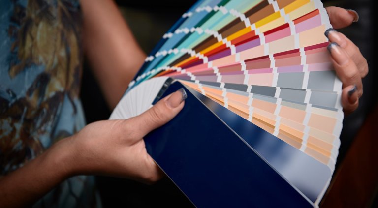 Paint color palette guide in woman's hands